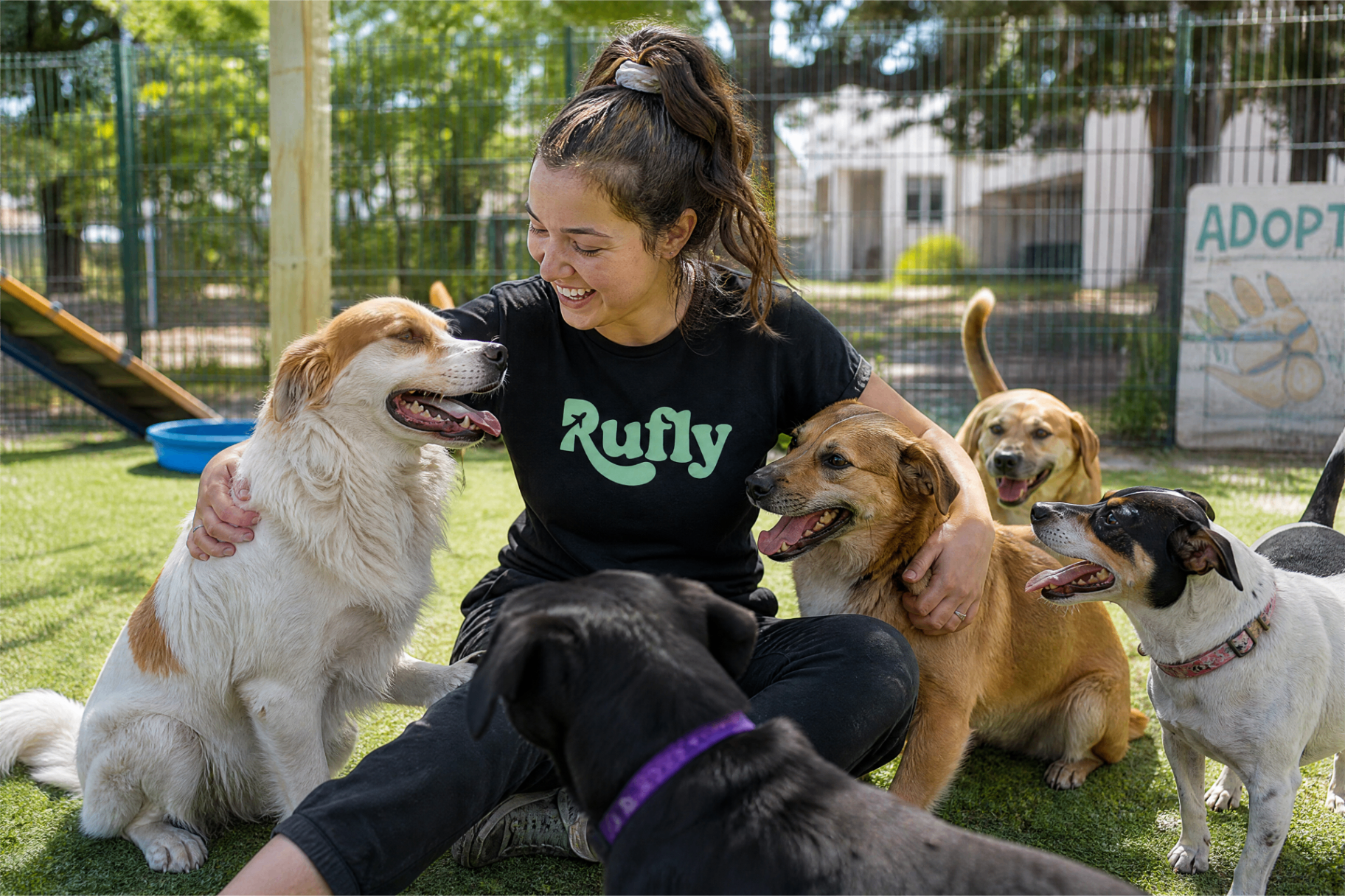 A volunteer caring for rescue dogs at a shelter supported by rufly